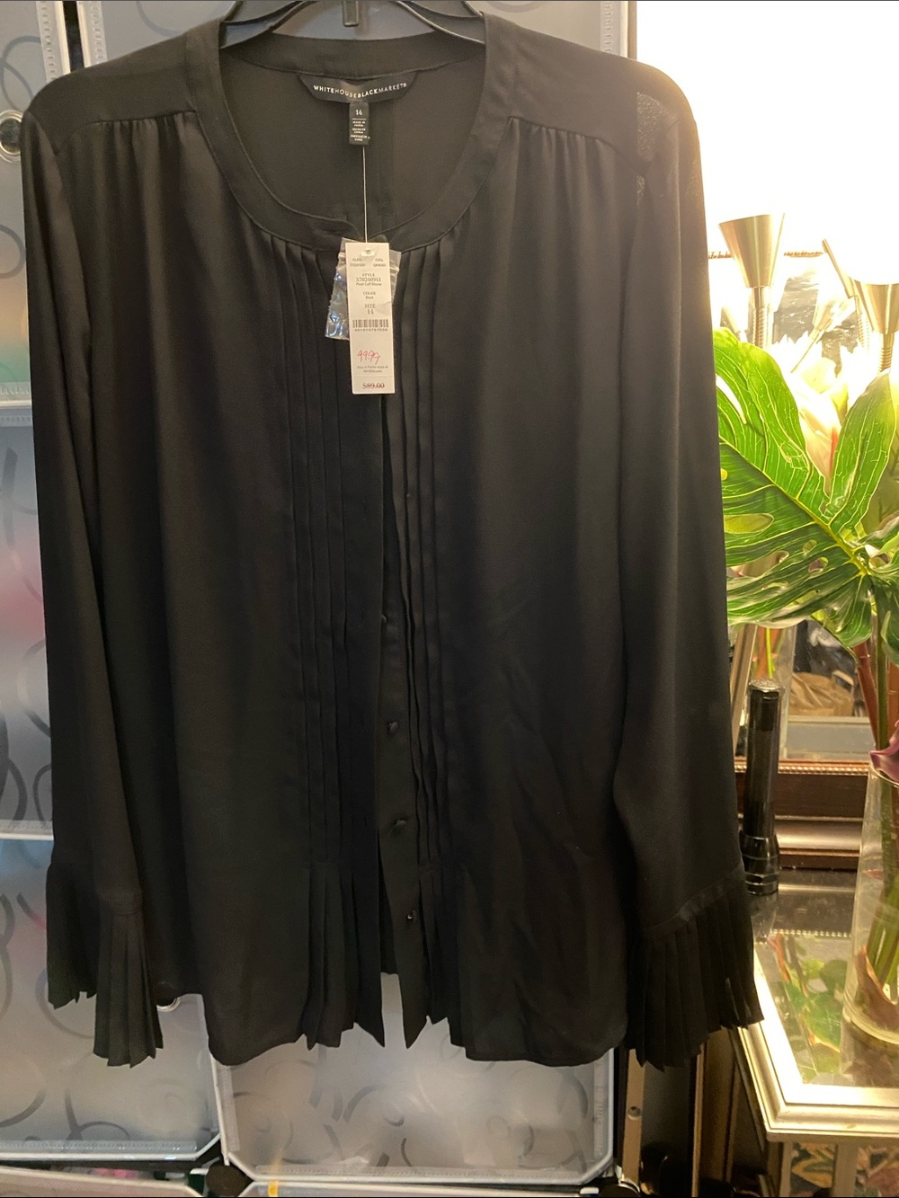 White House Black Market Black Pleated Front Button Blouse